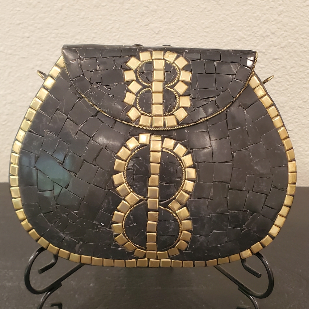 Black and Gold Geometric Clutch with Mosaic Accents